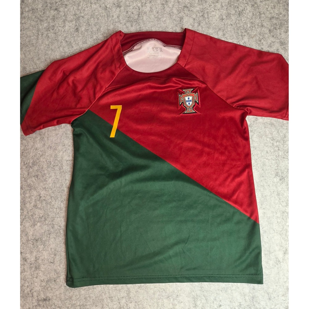 Kids Portugal Ronaldo 7 Soccer Jersey Red Green Youth Size 26 Short Sleeve